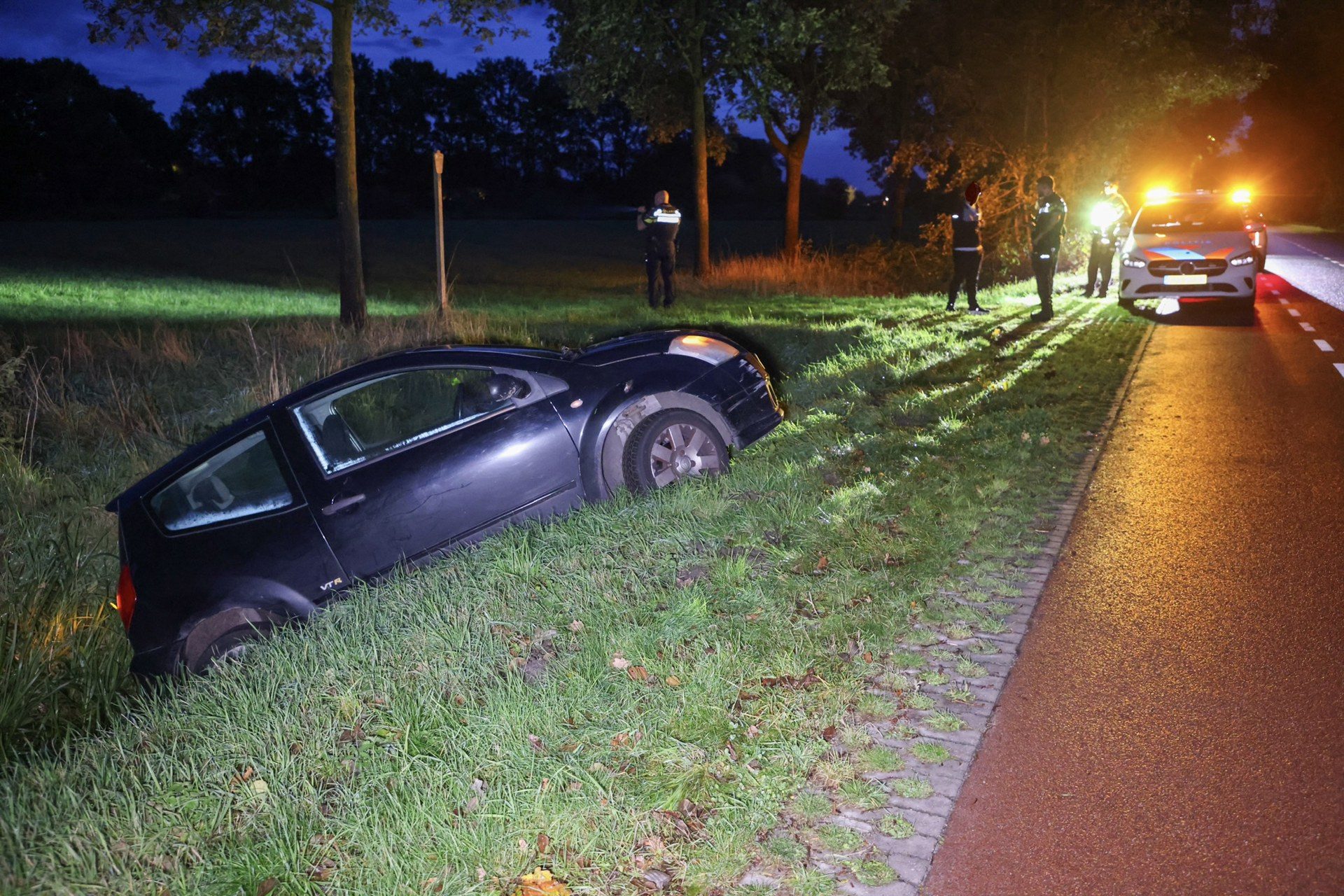 Nighttime scene of a car off the grassy verge with police and responders nearby, and a patrol car with flashing lights on the road.