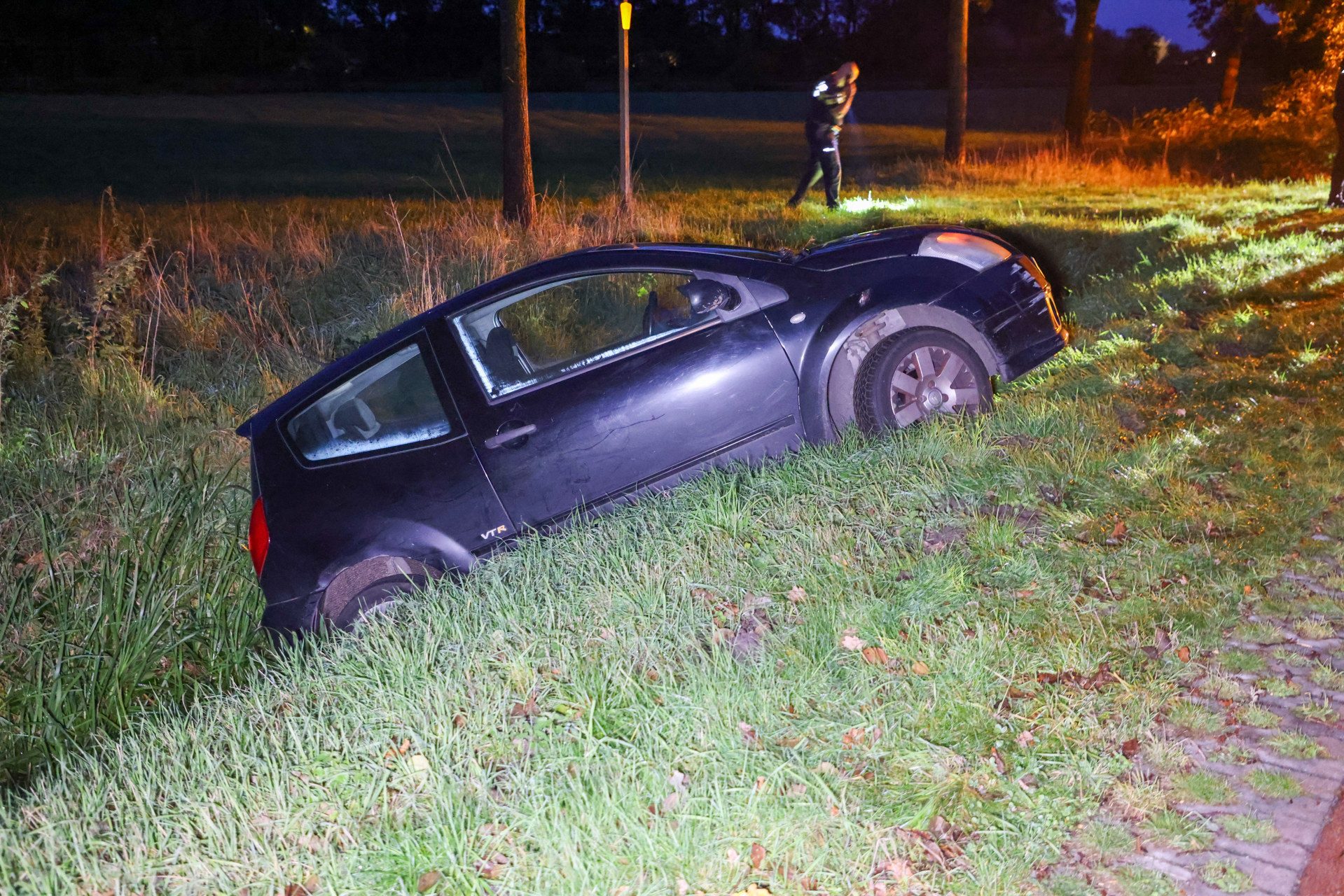 Dark blue sports car off the road in tall grass at night, with a person in a uniform nearby shining a flashlight.