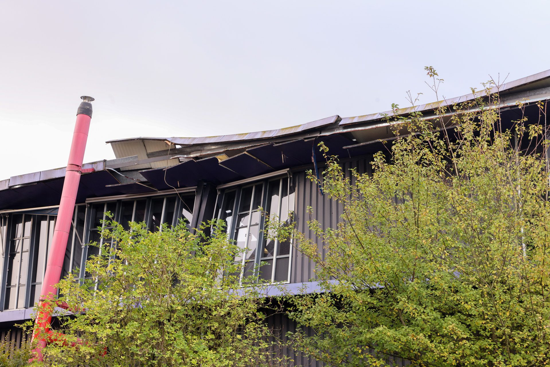 Partially collapsed metal roof of a building with a pink vent pipe and green foliage in front.
